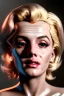 Placeholder: Ultra Realistic image, portrait, blonde woman, sweet Marylin Monroe face, perfect iris, glow eyes, gold makeup, wires attached to head. Cyberpunk style, latex coat, fog, rain, soft color, highly detailed, unreal engine 5, ray tracing, RTX, lumen lighting, ultra detail, volumetric lighting, 3d, finely drawn, high definition, high resolution.