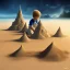 Placeholder: spirit of lonely child playing by himself with a castle of sand at the beach near the fossil of a starsea