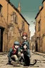 Placeholder: Three teenage street children two boys and one punk girl in book-cover poses on the screen of an old town plus a black cat as a companion, dark graphic style, Banksy style, Gaiman style