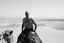 Placeholder: man looking like Walter White in breaking bad, bald, with bare chest riding on a camel in sahara in desert, panorama, black and white photo, staring at a small town in horizon