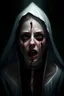 Placeholder: A horror digital realism portrait of a praying saint blind girl with gloomy eyes and bleeding mouth shouting her soul out