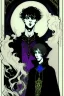 Placeholder: 17 year old boy, necromancer, friendly, looks dead, surrounded by weird smoke with eyes, wearing black robes, in the style of Harry Clarke