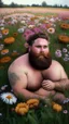 Placeholder: full figure photography, shy muscular big fat chubby, 35mm lens, burly italian man short hair, 28 years old sitting in the meadow with a flower in a hand, near a big farm , red short beard, , hairy armpits, manly armpits, ugly, manly chest, hairy chest, big shoulders, , huge belly, manly chest, shirtless, with boxer, emotive eyes looking at camera, photorealistic ,sunlight , ambient occlusion, side view, poetic composition, golden ratio