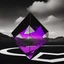 Placeholder: a large dark black ominous rhombus shaped structure with a neon purple outline floating high above a desolate monochrome landscape