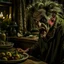 Placeholder: Strong texture, photorealism, Caravaggio, Arcimboldo, Egon Schiele. Intricate patterns, hypermaximalist. Photo made of inside house, an eerily mysterious, hidden and odd person is eating, a witchy house, sober style, pastel colors. Movie shot, spooky. Sinister scribbles, 33mm photography. Beasts