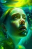 Placeholder: underwater, in a realistic hyper detailed render style, nervous expressions, glow, yellow, blue, brush, hyper- realistic oil, head close-up, exaggerated perspective, Tyndall effect, water drops, mother-of-pearl iridescence, Holographic white, green background, realistic