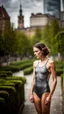 Placeholder: beautiful anorexic young woman, total shot, short shiny anthracite triathlon swimsuit, short brunette wavy bob hair, blurred city background