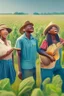 Placeholder: a diverse racial group of farmers singing in the farming field