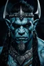 Placeholder: portrait of an orc king with pale blue skin. Tribal Tattoo. Dark braided hair and ice blue eyes. He's smirking. Half of his head is shaved. wearing jewellery. Carrying a battleaxe. High resolution. 4K. 8K. Dark Fantasy style. Cave in the background