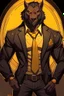 Placeholder: Buff, anthro, wolf, himbo, black fur, gold eyes, wearing a suit, full-body, muscles, strong, muscular, man boobs, bulky, tail, dark fur, smug grin, hands on hips, furry-himbo, broad shoulders, wide hips, big chest, big muscles,