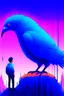 Placeholder: giant blu bird pecking small man in the metaverse style of beeple