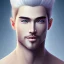 Placeholder: magnifique bel homme asiatique souriant ,yeux bleus,avec vetement et couronne celtique,cheveux blonds, fond bleu clair