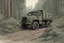 Placeholder: Military truck on a road, forest, overgrown apocalyptic, comic book,