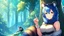 Placeholder: Girl, blue hair, raccoon ears, raccoon tail, raccoon face, forest, sit on tree, fur on hand