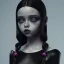 Placeholder: Jenna ortega black dress,soft goth libstick, wednesday addams family make up, brad double wig, addams family style, highly detailed, volumetric lighting, unreal engine, 8k