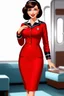 Placeholder: pin-up style realistic cartoon of 50 year old brunette stewardess in red uniform dress with very red lips and long eyelashes