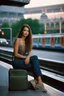 Placeholder: A realistic photo of a Milano in the main station in the background, a beautiful Italian young woman, late summer evening. Photo taken by Mamiya M645 camera with low-speed film, highly detailed, wide lens.