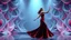 Placeholder: modern stage with gray-blue theme artistic decoration , color full dynamic lighting, a beautiful lady in modern maxy dark dark red dress with shining silver jwells dancing, 3D recursive fractal structure animating background