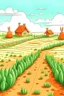 Placeholder: A cartoon drawing of a field of carrots and on the right is a small hut in the shape of a cute rabbit during the day