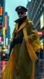 Placeholder: retro futurist, nypd full body color 1920 black policeman wtih heavy yellow rain transparent coat