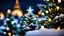 Placeholder: ,night,snow,close up shot of a christmas trees with light and ornaments,bokeh,