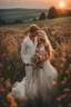 Placeholder: A hyper-realistic,Pretty woman getting married to a blonde haired man in a field of flowers with sunset in the background , Photo Real, HOF, full size, practicality,manufacturability,performance, (((realism, realistic, realphoto, photography, portrait, realistic, elegant, charming, apocalyptic environment, professional photographer, captured with professional DSLR camera, trending on Artstation, 64k, ultra detailed, ultra accurate detailed, bokeh lighting, surrealism, Thomas Kinkade background,