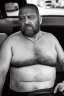 Placeholder: full body shot photography of an Italian sicilian taxi driver burly ugly sitting in the taxi, chubby tired 55 years old driving shirtless, bullneck, thin gold chains, short beard, sweat, short hair, bulge, robust, manly chest, looking down, big shoulders,, photorealistic, side light, ambient occlusion, tired eyes. 35mm lens, internal view inside the Taxi