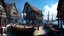 Placeholder: gothic medieval wooden harbour with piers and ships, people, shops, bridges, arches, balconies, taverns, blue sky, photorealistic