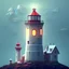 Placeholder: low poly art style, tiny cute isometric very detailed 1lighthouse shining light, ominous low poly grey clouds, soft smooth lighting, with soft colors, god rays, mist on the horizon, 100mm lens, 3d octane render, trending on cgsociety, (modular constructivism), gradient background, physically based rendering, centered.