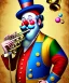 Placeholder: happy old friendly clown with round head and trimmed beard playing jazz with a steampunk theme, trumpet on mouth, circus, realistic