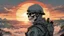 Placeholder: soldier with a skull mask looking over a sunset from behind drawn by akira toriyama