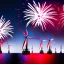 Placeholder: Offshore Windkraftanlage mit Feuerwerk im Hintergrund