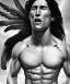 Placeholder: native american warrior, long black hair, big muscles, face up, mouth wide open, scream face, shirtless, looking to the sky