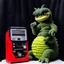 Placeholder: Godzilla as a baby muppet kawaii calling phone using a cellphone nokia, studio photo. Magazine 1980