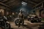 Placeholder: a small bald man in motorcycle leathers is standing in the middle of a Bavarian Barn. behind a WWII German army motorcycle and sidecar is a tiger tank, a panther tank and two WWII German half-tracks. photorealistic