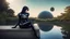 Placeholder: fantasy photo of a woman with black hair, sitting on a ledge over a pond, wearing an android-looking catsuit, sideways, with a planet behind her