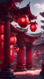 Placeholder: a couple of red lanterns sitting on top of red pillars, a detailed matte painting by Pu Hua, cg society contest winner, arabesque, official art, volumetric lighting, concept art