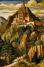Placeholder: A brown palace on a mountain painted by Diego Rivera