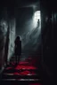 Placeholder: a broken red rose and a broken, bloody, torn, beaten woman lie at the bottom of a dirty staircase. At the top of the stairs stands the silhouette of a massive man, behind him a small light leaks through an open door, dramatic, gloomy atmosphere, sad, weird, dark colors, cinematic, realistic picture