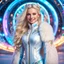 Placeholder: (masterpiece, best quality, 8k, RAW photo, beautiful and aesthetic:1.2), complex detail, Indirect light, photorealistic, (((full body))), 2 Gorgeous Cosmic russian goddess smiling, long curved blonde hair, Mixed, sci-fi and traditional russian outfit with white furs, colorfull Sci-Fi environment