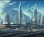 Placeholder: Spaceport on a heavy industrialized planet with a futuristic city in the background and a docked spaceship in the foreground, retrofuturistic, art by John Berkey, buildings with glass facades, brutalist architecture, insanely detailed, vibrant, 8k uhd, cinematic atmosphere, ultra-wide angle, street level view, brush strokes, blue sky with clouds, sharp focus