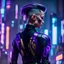 Placeholder: Cyberpunk assassin, short slicked-back hair, cyberpunk background, black purple bodysuit, view from the back, cyberpunk style