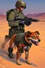 Placeholder: A soldier dog dressed in military combat uniform fighting another soldier dog in the hot desert landscape, digital illustration portrait, dog's face is snarling, aggressive, angry, Craig Miller , futuristic, pulp fiction graphic novel style, hyperrealism, photorealism