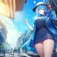 Placeholder: Clear focus,High resolution, Vibrant short blue hair, Vibrant blue eyes, Wearing a short skirt, Wearing a jacket, Wearing a hat