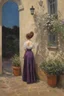 Placeholder: Night, one woman in purple, house, vegetations, flowers, dirt, gothic and mistery, konstantin korovin, and gustave caillebotte paintings