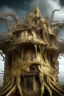 Placeholder: surrealis monochrome A fragmented, surreal sculpture liguid color of photorealistic image 3d,psychedelic art of an castle glossy emerging from dreamlike a crumbling building. The face appears pale with deep cracks and intricate details, evoking a haunting expression. Blackened tree branches intertwine with the gold mengkilat cracks, set against a backdrop of stormy, cloud-filled skies. bauhaus art The overall tone is dark and moody, suggesting themes of decay and transformation.