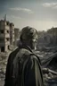 Placeholder: imagen con una persona anciana en la lejanía con la cara cubierta con turbante estilo arabe , con armadura desgastada, mostrando un fondo de ciudad destruida por la guerra