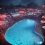 Placeholder: schwimmbad im oktoberfest,dampf,riesenrad, handtücher, menschliche gäste, römischer stil, epic, golden material, marmor, neonlights, night, 8k, extremly detailed,