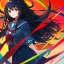 Placeholder: Clear focus, high resolution, black long fluffy hair, red eyes, wearing a sailor uniform, doing a evil smile, Style Vtuber, Colorful