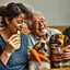 Placeholder: Fotografia ad alta definizione di una donna che sorseggia un cetriolo godendo, mentre accanto a lui due cani piangono a crepapelle, mentre sorreggono con le loro mani un uomo che ride con una carota che dorme. Alle loro spalle si vede una anziana che discute con qualcuno allegramente